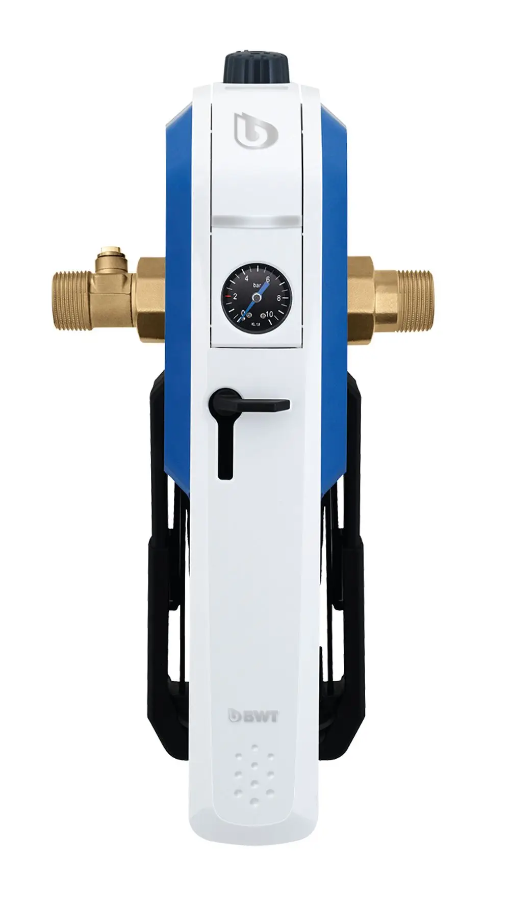 BWT Einhebelfilter mit Druckminderer, kompaktes Gehäuse mit Metallanschlüssen, Manometer zur Druckanzeige, seitlicher Hebel zum Einstellen, geeignet für Wasserinstallationen.